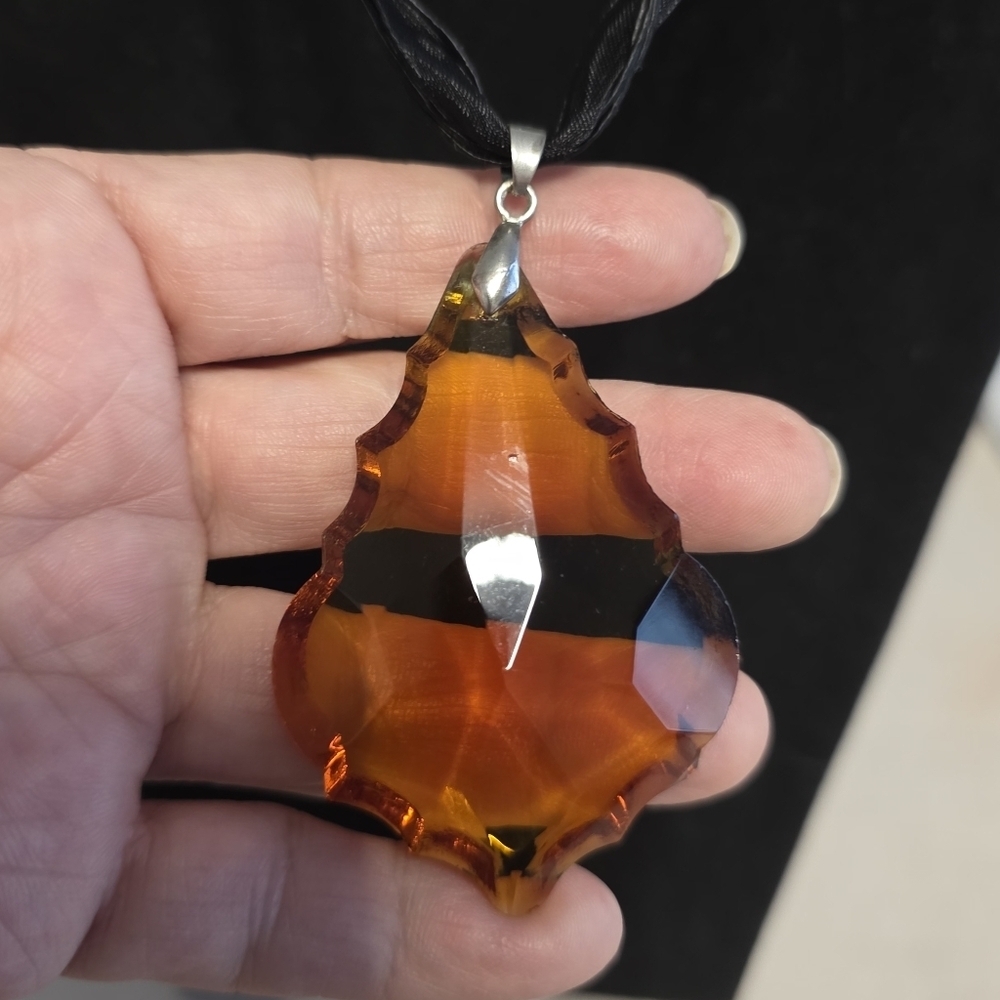 Amber Glass Pendant With Black Ribbon Cord Necklace - Picture 2 of 6